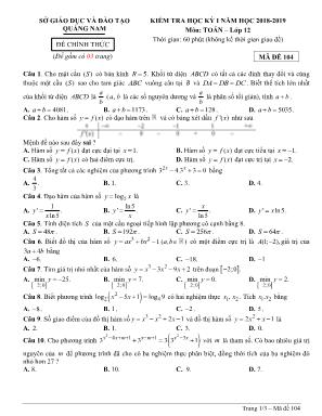 Đề kiểm tra học kỳ I môn Toán Lớp 12 - Mã đề 104 - Năm học 2018-2019 - Sở giáo dục và đào tạo Quảng Nam