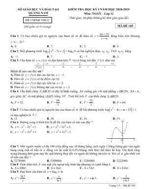 Đề kiểm tra học kỳ I môn Toán Lớp 12 - Mã đề 105 - Năm học 2018-2019 - Sở giáo dục và đào tạo Quảng Nam