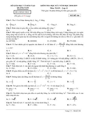 Đề kiểm tra học kỳ I môn Toán Lớp 12 - Mã đề 106 - Năm học 2018-2019 - Sở giáo dục và đào tạo Quảng Nam