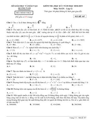 Đề kiểm tra học kỳ I môn Toán Lớp 12 - Mã đề 107 - Năm học 2018-2019 - Sở giáo dục và đào tạo Quảng Nam