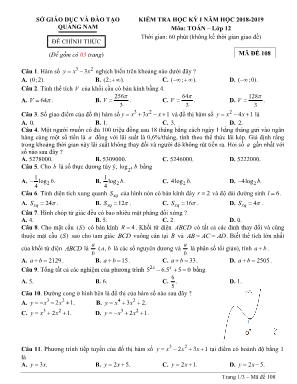 Đề kiểm tra học kỳ I môn Toán Lớp 12 - Mã đề 108 - Năm học 2018-2019 - Sở giáo dục và đào tạo Quảng Nam
