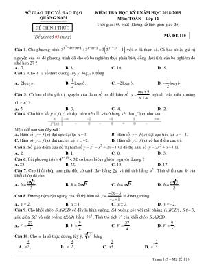 Đề kiểm tra học kỳ I môn Toán Lớp 12 - Mã đề 110 - Năm học 2018-2019 - Sở giáo dục và đào tạo Quảng Nam