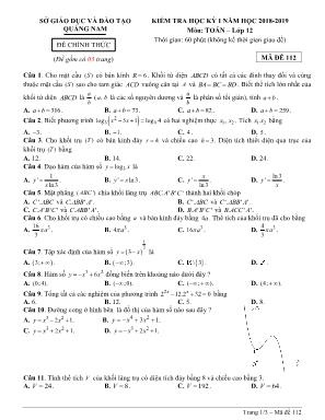 Đề kiểm tra học kỳ I môn Toán Lớp 12 - Mã đề 112 - Năm học 2018-2019 - Sở giáo dục và đào tạo Quảng Nam