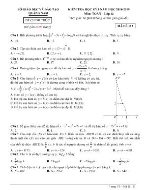 Đề kiểm tra học kỳ I môn Toán Lớp 12 - Mã đề 113 - Năm học 2018-2019 - Sở giáo dục và đào tạo Quảng Nam