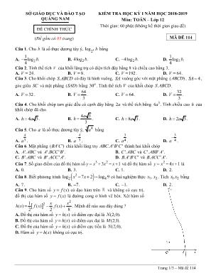 Đề kiểm tra học kỳ I môn Toán Lớp 12 - Mã đề 114 - Năm học 2018-2019 - Sở giáo dục và đào tạo Quảng Nam