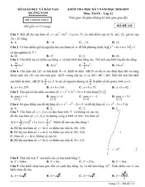 Đề kiểm tra học kỳ I môn Toán Lớp 12 - Mã đề 115 - Năm học 2018-2019 - Sở giáo dục và đào tạo Quảng Nam