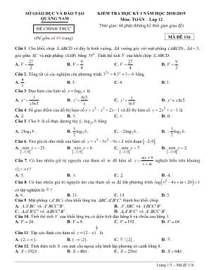 Đề kiểm tra học kỳ I môn Toán Lớp 12 - Mã đề 116 - Năm học 2018-2019 - Sở giáo dục và đào tạo Quảng Nam