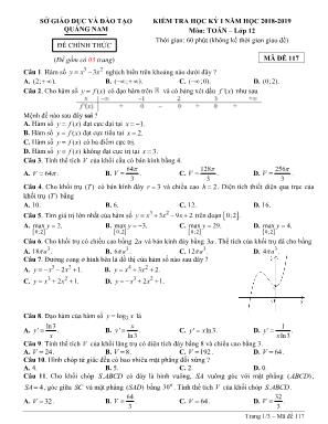 Đề kiểm tra học kỳ I môn Toán Lớp 12 - Mã đề 117 - Năm học 2018-2019 - Sở giáo dục và đào tạo Quảng Nam