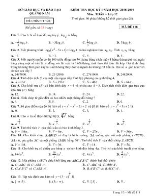 Đề kiểm tra học kỳ I môn Toán Lớp 12 - Mã đề 118 - Năm học 2018-2019 - Sở giáo dục và đào tạo Quảng Nam