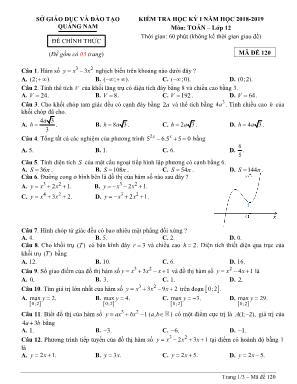 Đề kiểm tra học kỳ I môn Toán Lớp 12 - Mã đề 120 - Năm học 2018-2019 - Sở giáo dục và đào tạo Quảng Nam