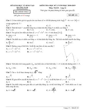 Đề kiểm tra học kỳ I môn Toán Lớp 12 - Mã đề 121 - Năm học 2018-2019 - Sở giáo dục và đào tạo Quảng Nam