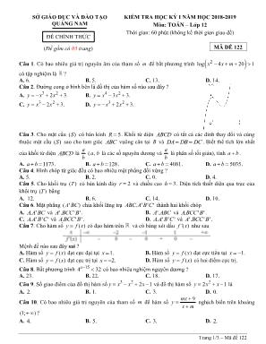 Đề kiểm tra học kỳ I môn Toán Lớp 12 - Mã đề 122 - Năm học 2018-2019 - Sở giáo dục và đào tạo Quảng Nam