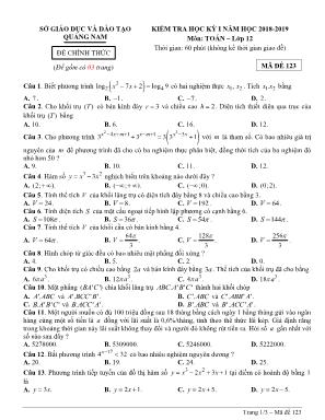 Đề kiểm tra học kỳ I môn Toán Lớp 12 - Mã đề 123 - Năm học 2018-2019 - Sở giáo dục và đào tạo Quảng Nam