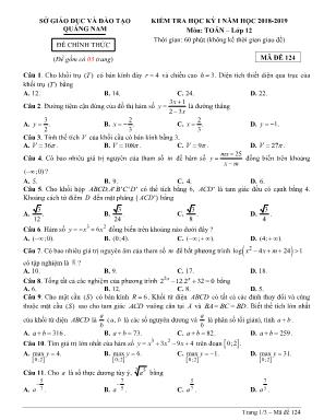 Đề kiểm tra học kỳ I môn Toán Lớp 12 - Mã đề 124 - Năm học 2018-2019 - Sở giáo dục và đào tạo Quảng Nam