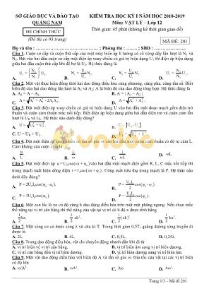 Đề kiểm tra học kỳ I môn Vật lý Lớp 12 - Mã đề 201 - Năm học 2018-2019 - Sở giáo dục và đào tạo Quảng Nam (Có đáp án)