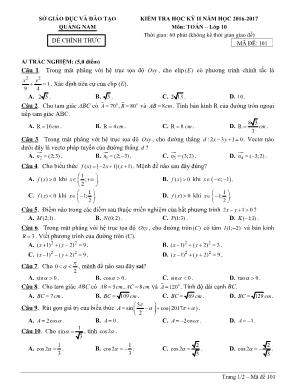 Đề kiểm tra học kỳ II môn Toán Lớp 10 - Mã đề 101 - Năm học 2016-2017 - Sở giáo dục và đào tạo Quảng Nam