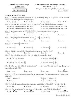 Đề kiểm tra học kỳ II môn Toán Lớp 10 - Mã đề 102 - Năm học 2016-2017 - Sở giáo dục và đào tạo Quảng Nam