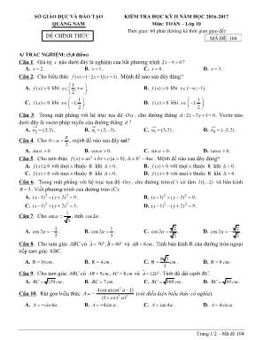 Đề kiểm tra học kỳ II môn Toán Lớp 10 - Mã đề 104 - Năm học 2016-2017 - Sở giáo dục và đào tạo Quảng Nam