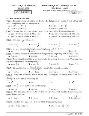 Đề kiểm tra học kỳ II môn Toán Lớp 10 - Mã đề 105 - Năm học 2016-2017 - Sở giáo dục và đào tạo Quảng Nam
