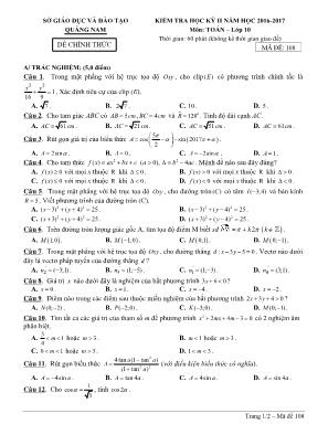 Đề kiểm tra học kỳ II môn Toán Lớp 10 - Mã đề 108 - Năm học 2016-2017 - Sở giáo dục và đào tạo Quảng Nam