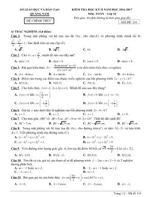 Đề kiểm tra học kỳ II môn Toán Lớp 10 - Mã đề 110 - Năm học 2016-2017 - Sở giáo dục và đào tạo Quảng Nam