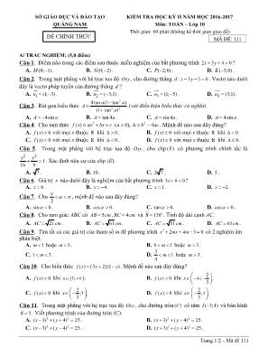 Đề kiểm tra học kỳ II môn Toán Lớp 10 - Mã đề 111 - Năm học 2016-2017 - Sở giáo dục và đào tạo Quảng Nam