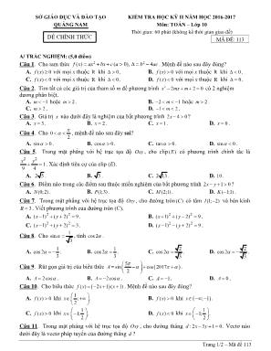 Đề kiểm tra học kỳ II môn Toán Lớp 10 - Mã đề 113 - Năm học 2016-2017 - Sở giáo dục và đào tạo Quảng Nam