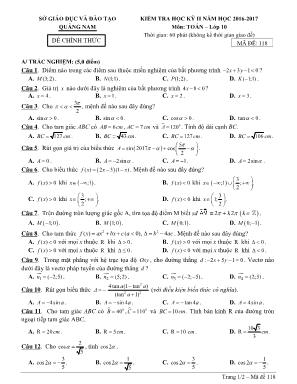 Đề kiểm tra học kỳ II môn Toán Lớp 10 - Mã đề 118 - Năm học 2016-2017 - Sở giáo dục và đào tạo Quảng Nam