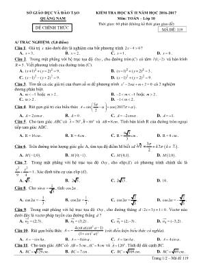 Đề kiểm tra học kỳ II môn Toán Lớp 10 - Mã đề 119 - Năm học 2016-2017 - Sở giáo dục và đào tạo Quảng Nam