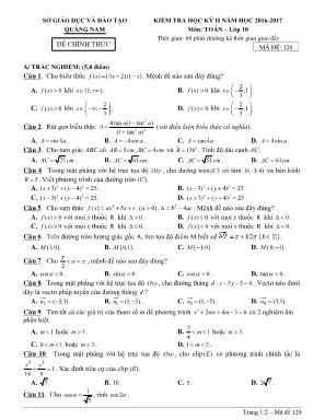 Đề kiểm tra học kỳ II môn Toán Lớp 10 - Mã đề 120 - Năm học 2016-2017 - Sở giáo dục và đào tạo Quảng Nam