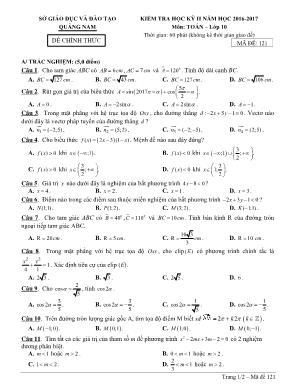 Đề kiểm tra học kỳ II môn Toán Lớp 10 - Mã đề 121 - Năm học 2016-2017 - Sở giáo dục và đào tạo Quảng Nam