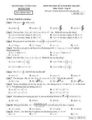 Đề kiểm tra học kỳ II môn Toán Lớp 10 - Mã đề 122 - Năm học 2016-2017 - Sở giáo dục và đào tạo Quảng Nam
