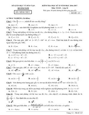 Đề kiểm tra học kỳ II môn Toán Lớp 10 - Mã đề 123 - Năm học 2016-2017 - Sở giáo dục và đào tạo Quảng Nam