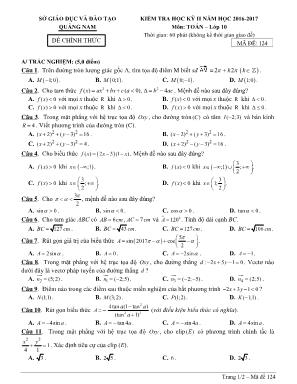 Đề kiểm tra học kỳ II môn Toán Lớp 10 - Mã đề 124 - Năm học 2016-2017 - Sở giáo dục và đào tạo Quảng Nam