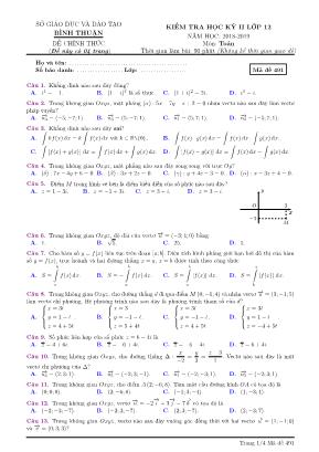 Đề kiểm tra học kỳ II môn Toán Lớp 12 - Mã đề 491 - Năm học 2018-2019 - Sở giáo dục và đào tạo Bình Thuận (Có đáp án)