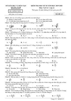 Đề kiểm tra học kỳ II môn Vật lý Lớp 12 - Mã đề 213 - Năm học 2019-2020 - Sở giáo dục và đào tạo Quảng Nam