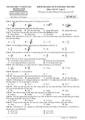 Đề kiểm tra học kỳ II môn Vật lý Lớp 12 - Mã đề 214 - Năm học 2019-2020 - Sở giáo dục và đào tạo Quảng Nam