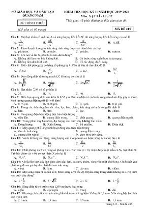 Đề kiểm tra học kỳ II môn Vật lý Lớp 12 - Mã đề 215 - Năm học 2019-2020 - Sở giáo dục và đào tạo Quảng Nam