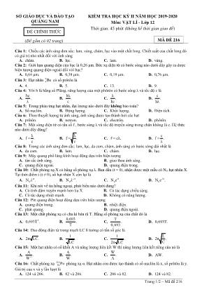 Đề kiểm tra học kỳ II môn Vật lý Lớp 12 - Mã đề 216 - Năm học 2019-2020 - Sở giáo dục và đào tạo Quảng Nam