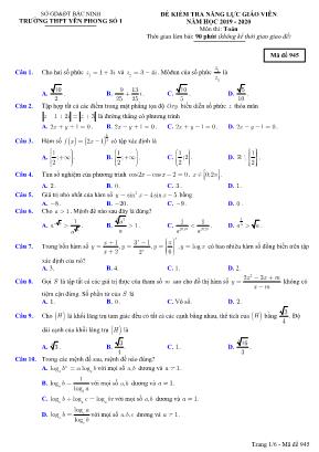 Đề kiểm tra năng lực giáo viên môn Toán - Mã đề thi 945 - Năm học 2019-2020 - Trường THPT Yên Phong số 1