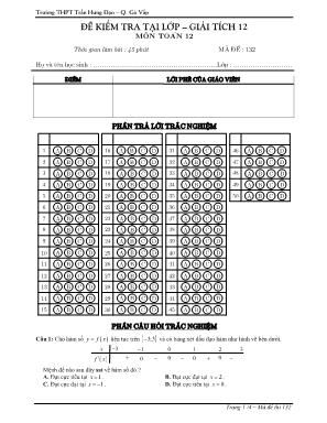 Đề kiểm tra tại lớp môn Giải tích Lớp 12 - Mã đề 132 - Trường THPT Trần Hưng Đạo