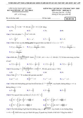 Đề kiểm tra tập trung môn Toán Lớp 12 - Mã đề 154 - Năm học 2019-2020 - Lớp Toán thầy Kết Casio