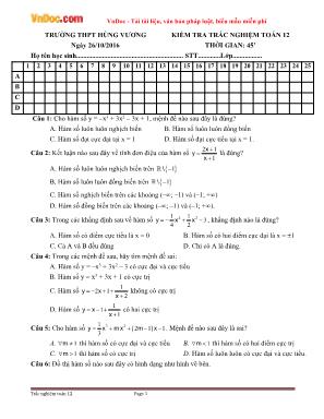 Đề kiểm tra trắc nghiệm môn Toán Lớp 12 - Năm học 2016-2017 - Trường THPT Hùng Vương