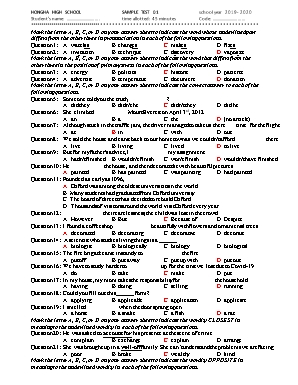 Đề luyện thi THPT Quốc gia môn Tiếng Anh - Năm học 2019-2020 - Trường THPT Hồng Hà (Kèm đáp án)