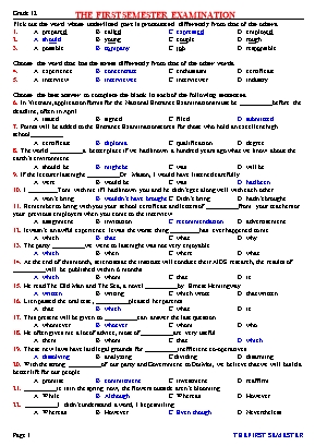 Đề ôn thi học kỳ I môn Tiếng Anh Lớp 12