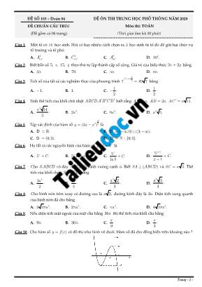 Đề ôn thi THPT Quốc gia môn Toán năm 2020 - Đề số 103 (Có đáp án)
