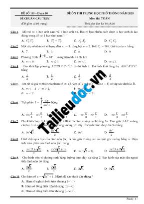 Đề ôn thi THPT Quốc gia môn Toán năm 2020 - Đề số 109 (Có đáp án)