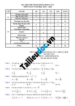 Đề tham khảo thi Tốt nghiệp THPT môn Toán năm 2020 - Đề số 76 (Có đáp án)