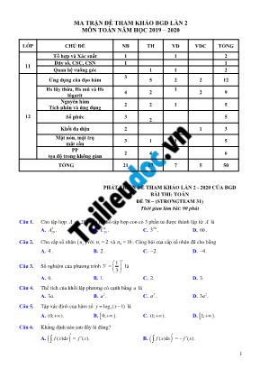 Đề tham khảo thi Tốt nghiệp THPT môn Toán năm 2020 - Đề số 78 (Có đáp án)