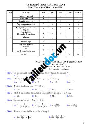 Đề tham khảo thi Tốt nghiệp THPT môn Toán năm 2020 - Đề số 79 (Có đáp án)